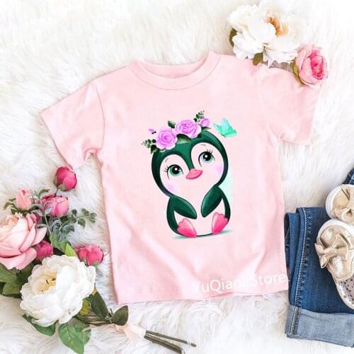 High Quality Pink T-Shirt for Girls Summer Top Cute Penguin/Unicorn/Bear/Cat/Sloth/Dog/Bird Animal Print Kids Childrens T-Shirt
