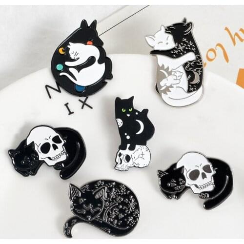Punk Mystical Witch Cat Skull Enamel Pins Moon and Stars Cat Brooch Backpack Skeleton Button Badge Jewelry Gift for friends