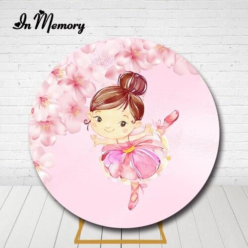 InMemory Pink Cute Girls Dance Ballerina Round Backdrop Cover Flowers Girls Baby Shower Birthday Party Circle Background Elastic