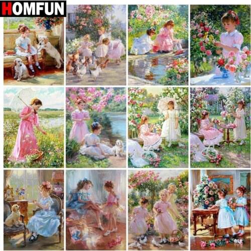 HOMFUN Rhinestone Painting Crystal Decor Diy Diamond Painting "Girl garden scenery" 3D Cross Stitch Pattern Diamond Embroidery