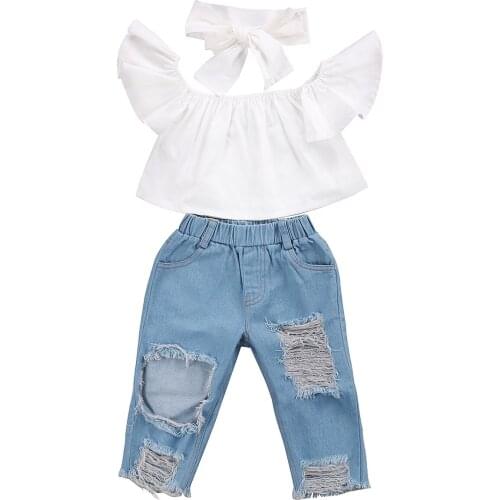 Children Clothes Set 2019 Fashion Off Shoulder White Baby Girls Shirt +Denim Pants + headband 3pcs Suit Children Clothing