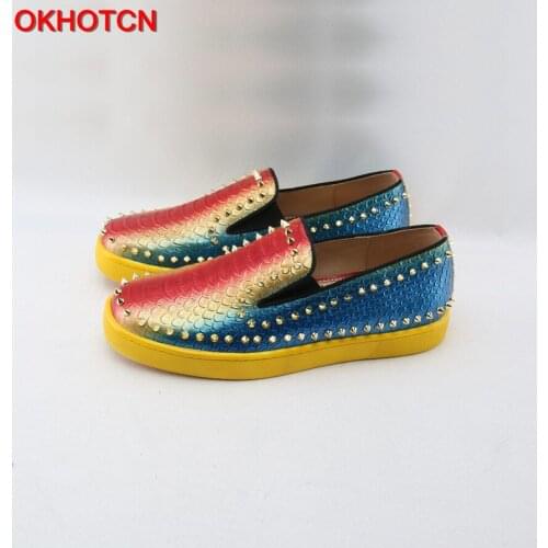 OKHOTCN Rivet Genuine Leather Men Loafers Mixed Colors Casual Shoes Red Yellow Blue Round Toe Sneakers Slip-On Fish Scales Flats