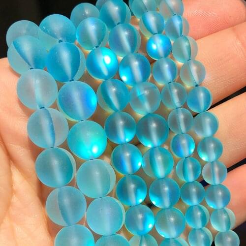 Frosted Sky Blue Austria Crystal Glitter Moon Stone Beads Round Flash Shimmer Beads for Jewelry Making DIY Bracelet 15''Inches