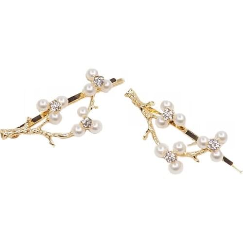 Fashion seaside branches leaf hairpin rhinestones plum hair clip girls Barrettes pearl headdress silver hair styling accessories