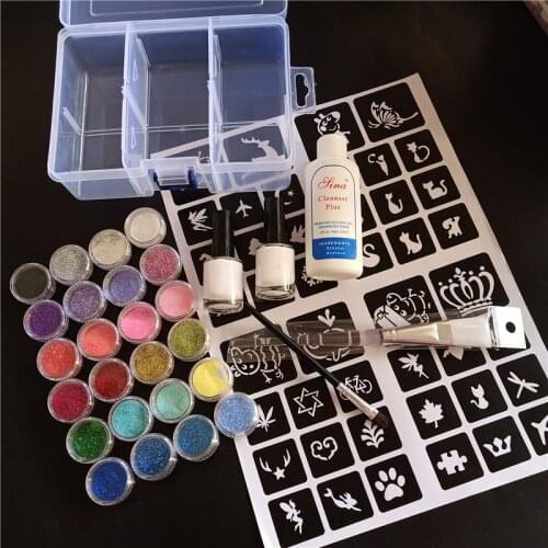 30 Colors Glitter 6 Luminous Powder 4 Glues 2 Brushes Hollow Template Kit for Temporary Tattoo Kids Face Diy Nail Painting Art