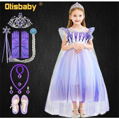 Fancy Girl Elsa Dress Up with Accessories Kids Purple Snow Queen Princess Dress Christmas Elegant Girls Birthday Party Gowns