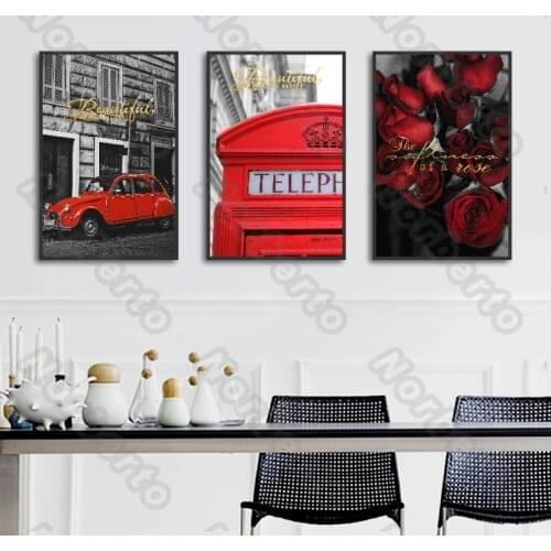 New Classical Vintage Style Canvas Painting Wall Poster Red Car and Red Roses for Living Room Bedroom Restaurant Decoration