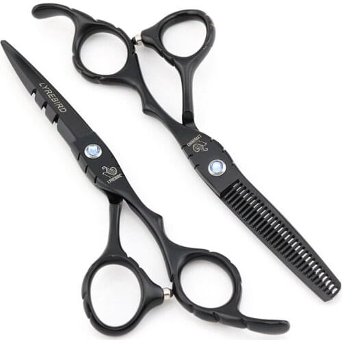 Black Hair Scissors 5.5 or 6 INCH Hair Shears Blue Stone Red Stone Black Screw Wholesale Lyrebird 5Sets/LOT NEW