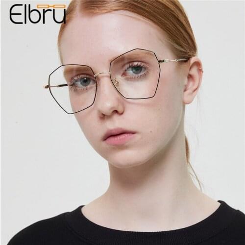 Elbru Fashion Metal Oversized Plain Glasses Polygon Myopic Glasses Frame Women New Popular Diamond Flat Lens Eyeglasses Unisex