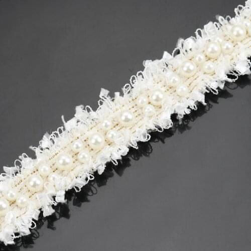 Acrylic Ribbon Trim Imitation Pearl Beaded Lace Fabric Sewing Garment DIY Craft Supply Accessory 30mm(1 1/8") about 0.9m, 1 PC