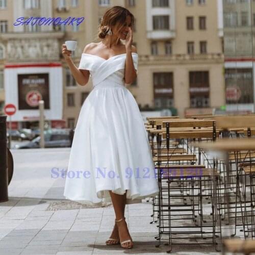 Simple White Ivory Short Satin Wedding Dresses Off The Shoulder Tea Length Princesa Bridal Gown Robe De Mariée Vestidos Sukienka