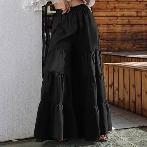 Vintage Womens Wide Leg Pants Summer 2021 Solid Trousers Casual Elastic Waist Long Pantalon Palazzo Female Plus Size Bottoms