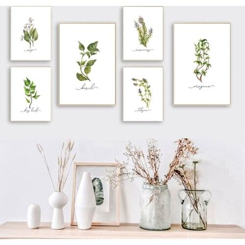 Herb Collection Wall Art Canvas Posters Plant Painting Oregano Sage Rosemary Basil Thyme Watercolor Wall Picture Kitchen Decor