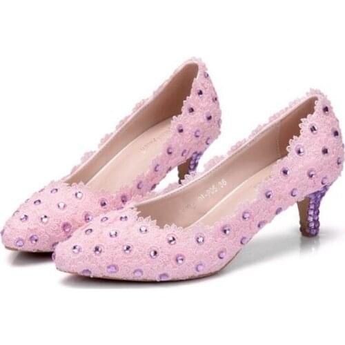 Thin High Heels Pumps Women Shoes women pumps wedding Party banquet PU Rhinestones Slip On 3-5CM Pointed Toe Shallow pink