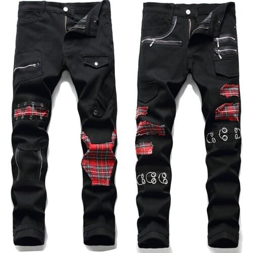 Spring Mens Tartan Scotch Plaids Patchwork Black Jeans Trendy Punk Rock Rivet Pants Slim Straigh Casual Denim Trousers