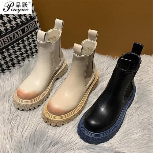 Ladies Platform Boots Leather Round Toe Chunky Chelsea Boots Women Spring Fashion All-match Rubber Non-slip Shoes