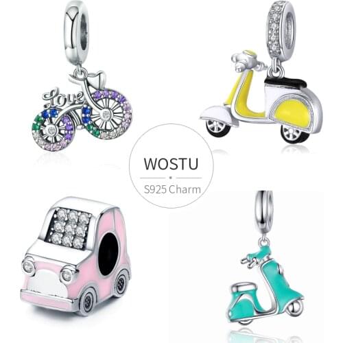 WOSTU Bike Bicycle Car Charms Bead 100% 925 Sterling Silver Fit Original Bracelet Pendant For Women Necklace Fashion Jewelry