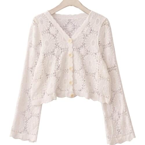 Women Spring Autumn Sltylish Floral Hollow Out Loose Knitted Cardigans Long Sleeve V-Neck Vintage Short Sweater Coat