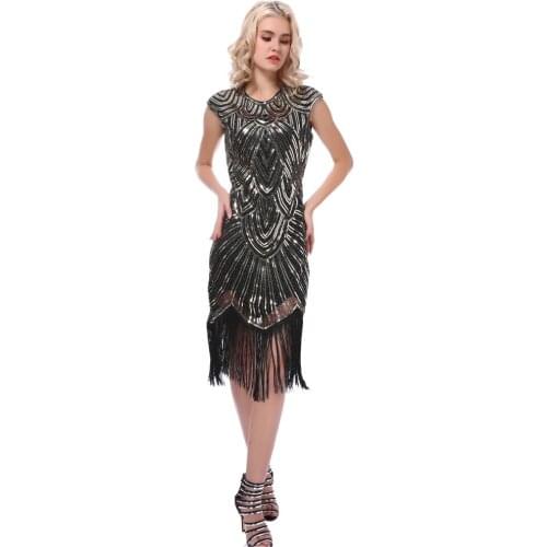 Women 1920s Nail bead Sequined Embellished Fringed Great Gatsby Flapper Dress Cap Sleeve Retro Long Party Dress Ukraine Vestidos