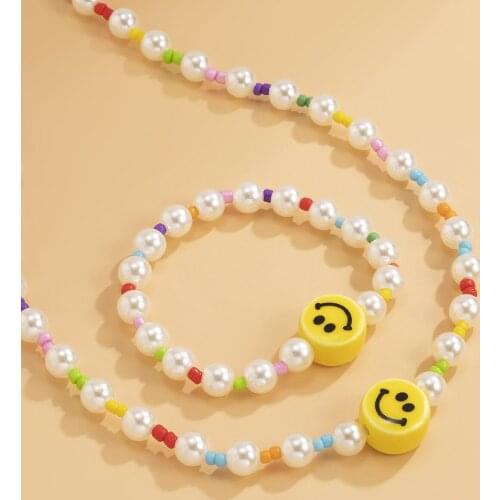 New Korea Cute Imitation Pearl Choker Necklace For Women Yellow Smile Face Rainbow Color Bracelet for Women Vacation Jewelry Set