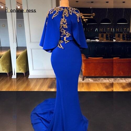 Bbonlinedress Evening Dress With Jacket Gold Beaded Royal Blue Mermaid Prom Dress Long Formal Gown Women Wear Free Shipping