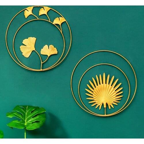 Gold Metal Iron Wall Sculptures Palm Canna Leaf Wall Decor Round Wall Ornaments For Bedroom Living Room Entryway