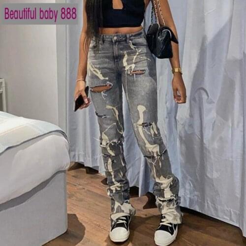 Meqeiss Lrregular Holes Printed Jeans Ladies Casual Daily Straight-leg Pants Elastic Mid-waist Fashion High Street Cool Jeans
