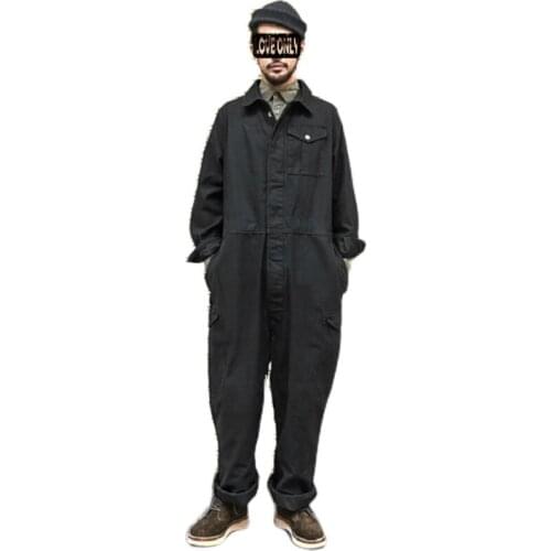 Mens Overalls Multi-Pockets Workwear Jumpsuit Black Green Single Breasted Loose Long Sleeve Turn Down Collar One-piece Trouser
