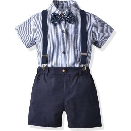 Boy Striped Clothes Blue Shirt + Nary Shorts with Suspenders Kids Children Holiday Outfits Short Sleeve Sets