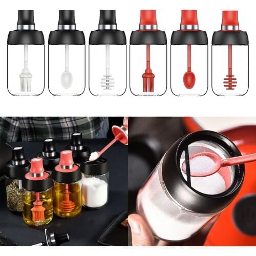 Condiment Pots Spice Jars Bottle with Spoons/Honey Pot Jar with Drippers/Oil Bottle with Brush and Lids for Oil Sugar Spices