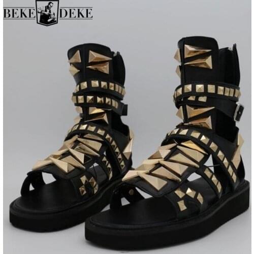Mens Gladiator Sandals Hollow Platform Rivets Punk Sandals Genuine Leather Summer Ankle Boots Plus Size Black Beach Sandals