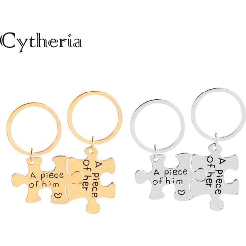 A piece of her keychains 2 a piece of him key chains set gift for soul mate forever Stitching car key holder lovers wife rings