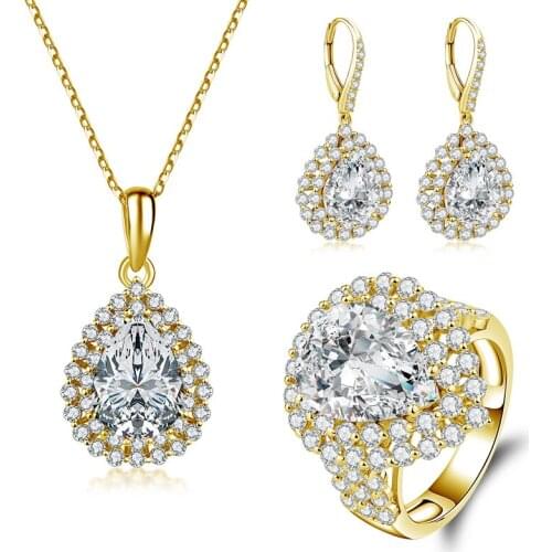 QYI Zirconia Ring Set Gold jewelry 14K Solid Yellow Gold Halo Ring Engagement Wedding Lovers Jewelry Gift