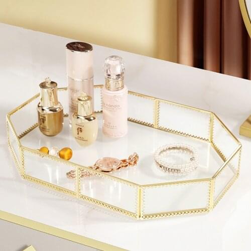 Nordic Retro Storage Tray Gold Rectangle Glass Makeup Organizer Tray Dessert Plate Jewelry Display Home Kitchen Decor