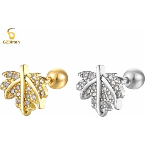 Maple Leaf Zircon Stud Earrings Women’s Ear Cartilage Tragus Daith G23titan 16G Titanium Body piercing Jewelry