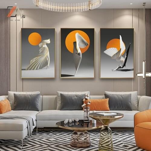 Nordic abstract style orange sun canvas poster creative wall art painting poster print living room wall pictures home decoration