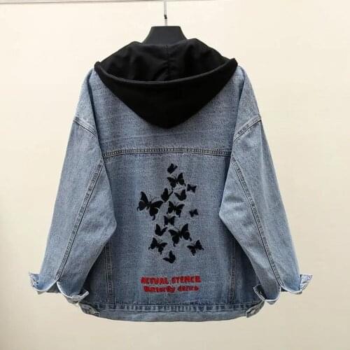 Loose Deconstructable Hooded Letter Embroidery Denim Jacket Women Blue Vintage Jean Coat Streetwear Fashion Big Size Outwear