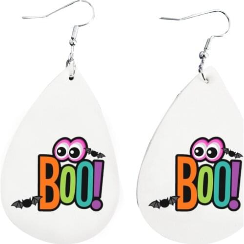 Stock Boo Happy Halloween Spooky Night Scaredy Cat Theme Earrings- Faux Leather Teardrop Earrings Double Print Wholesale New