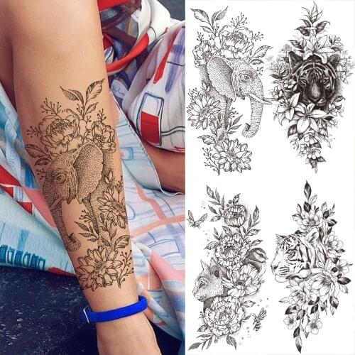 Realistic Elephant Dahlia Temporary Tattoos For Women Men Adults Tiger Lion Flower Fake Tattoo Sticker Disposable Body Art Tatoo
