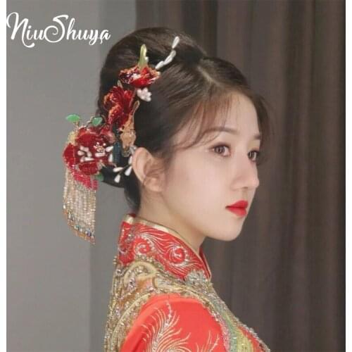 NiuShuya Handmade Traditional Chinese Red Flower Bridal Hairpins Wedding Clear Floral Jewelry Hair Accessories