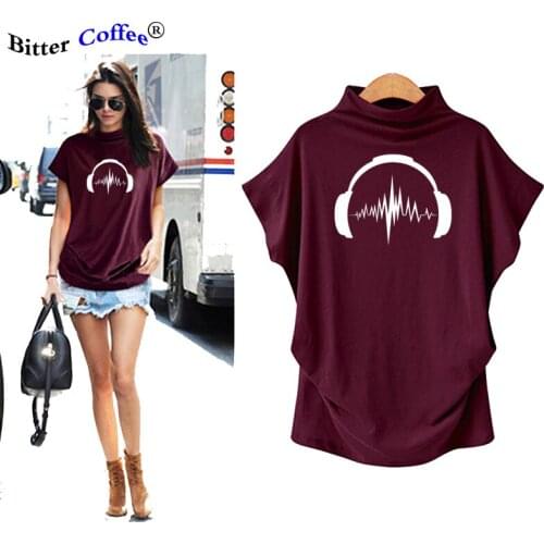 Women Summer Short Batwing Sleeve Tops Tshirt Ladies Headphones Turtleneck Plus Size Streetwear print T Shirt Dropshipping