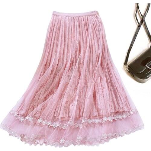 Women 2021 Spring Autumn Pleated Skirt Female New High Waist Lace Mesh Velvet A-Line Skirt Ladies Elegant Casual Slim Skirt B847