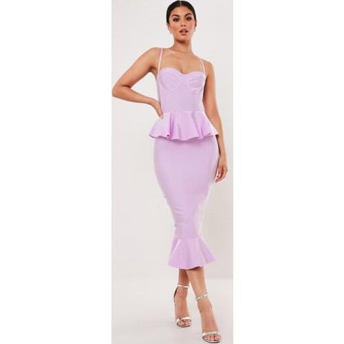 2021 Summer Purple Sexy Spaghetti Strap Casual Slim Ruffles Women Party Dress Vestidos French Femme Elegant Fishtail Long Robe