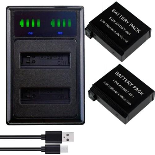 AHDBT-401 Replacement Battery + LED Dual USB Charger For GoPro HD Hero 4 Black Hero4 Silver Action Camera Accessories Fully Deco