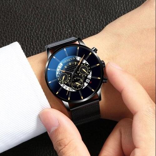 New fashion casual mens stainless steel calendar quartz watch mens sports watch clock Geneva watch hour