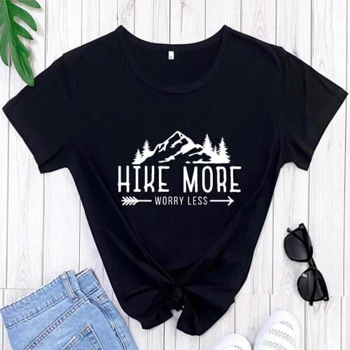 100%Cotton Hike More Worry Less Printed Womens T Shirt Outdoors O-Neck Pullover Short Sleeve Tops Hiking Tees Vacation Shirts