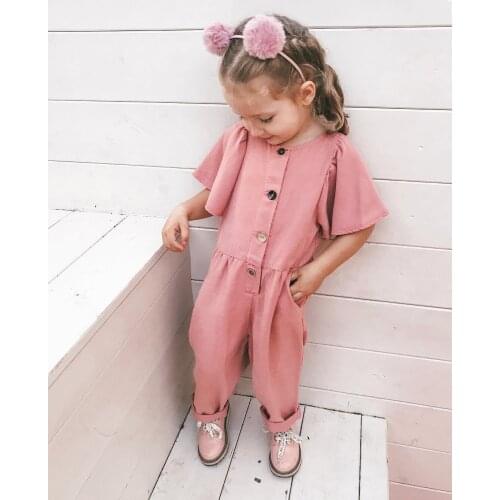 Kids Girls Overalls Cute Bat Sleeve Pink Baby Girls Jumpsuits 2020 New Arrival Children Clothing American European Style 3-7Y