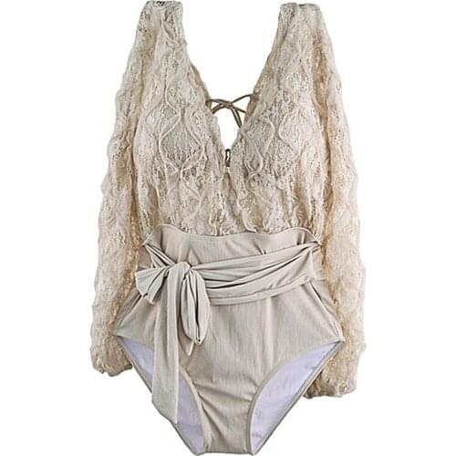 Bikinis Set Monokini Lace Breathable Long Sleeve Women One Piece Swimsuit for Vacation