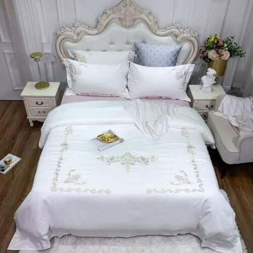 White egyptian cotton gold embroidery Bedding Set Bed cover queen king size Bedsheet Duvet Cover 4pcs Bed set parure de lit