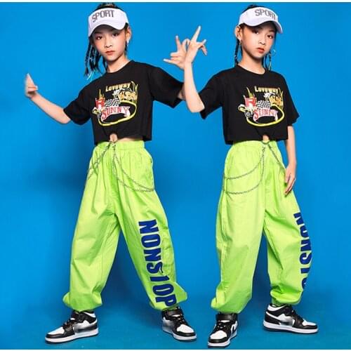 Girls Modern Dance Costume Black Tops Green Pants Punk Style Jazz Hip Hop Performance Clothing Stage Wear Rave Clothes BL6700